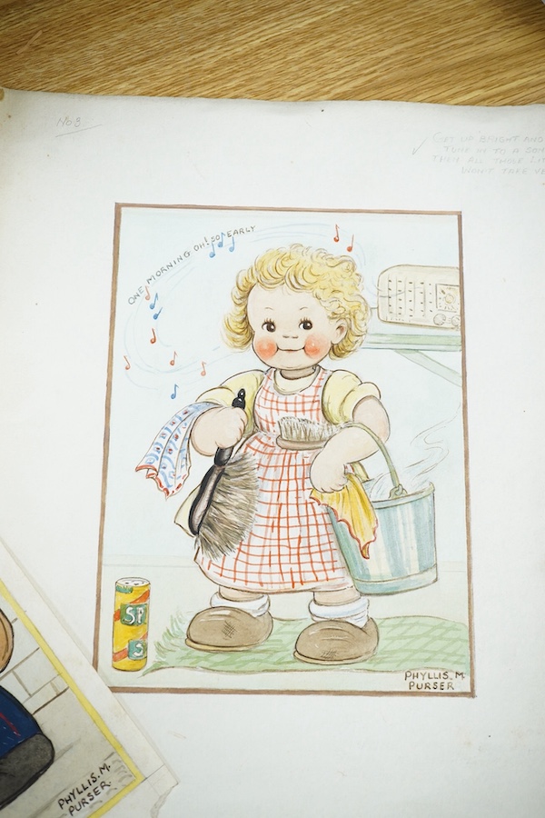 Phyllis Purser (1893-1990), set of six original watercolours for childrens' postcard designs, Humorous children including 'Fish and chips' and 'Take a foam bath' and 'Part with your pounds', each signed, various pencil i